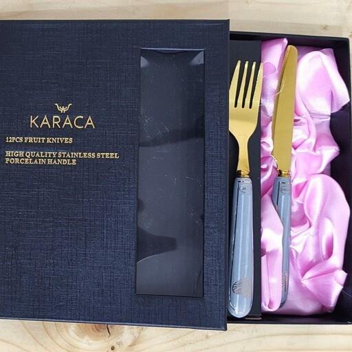 کارد و چنگال کاراجا ترک دسته سرامیکی قلبی طوسی رنگ  تیغه طلایی